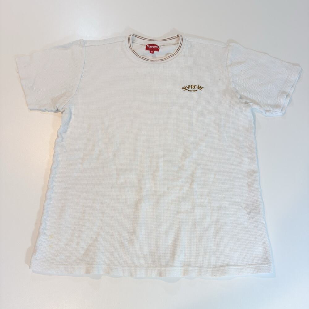 Supreme Waffle Knit Short Sleeve Shirt White Script Mini Logo Thermal Mens M